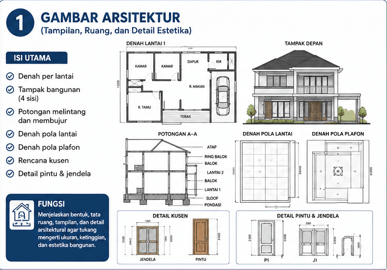 Gambar Kerja Rumah Lengkap dan Profesional, Apa Saja Isinya? 1 Gambar Arsitektur (Tampilan, Ruang, dan Detail Estetika)