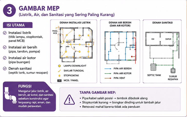 Gambar Kerja Rumah Lengkap dan Profesional, Apa Saja Isinya? 3 Gambar MEP (Listrik, Air, dan Sanitasi yang Sering Paling Kurang)